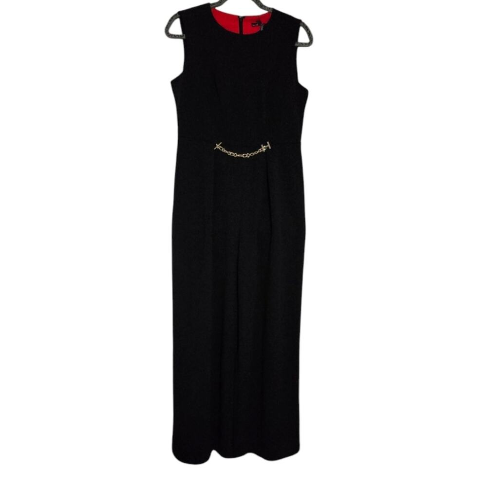 Halston Black Wide Leg Gold Chain Waist Detail Jumpsuit Size 6 New